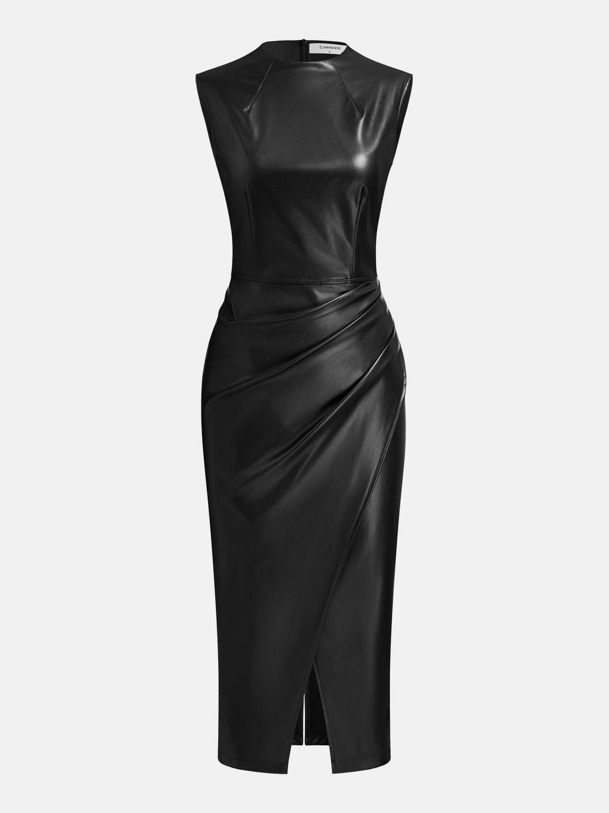 Draped Faux Leather Midi Dress with Side Slit-Chicvia