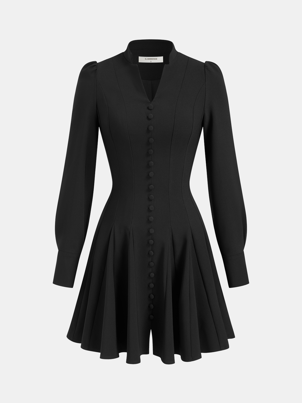 Button-Front Puff-Sleeve Mini Dress-Chicvia