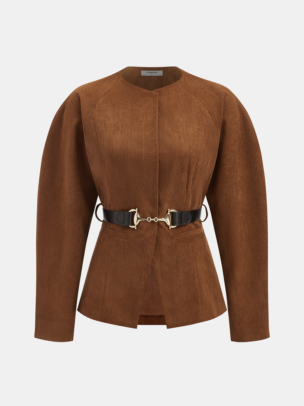 Metal-Buckle Belted Corduroy Blazer-Chicvia