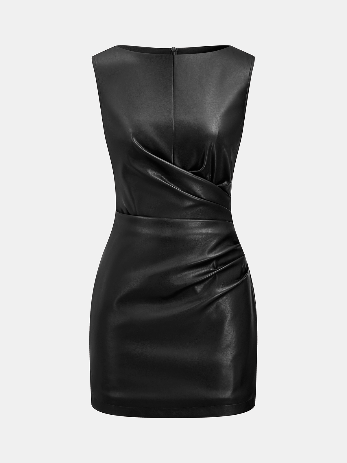 Faux Leather Waist Ruched Dress-Chicvia