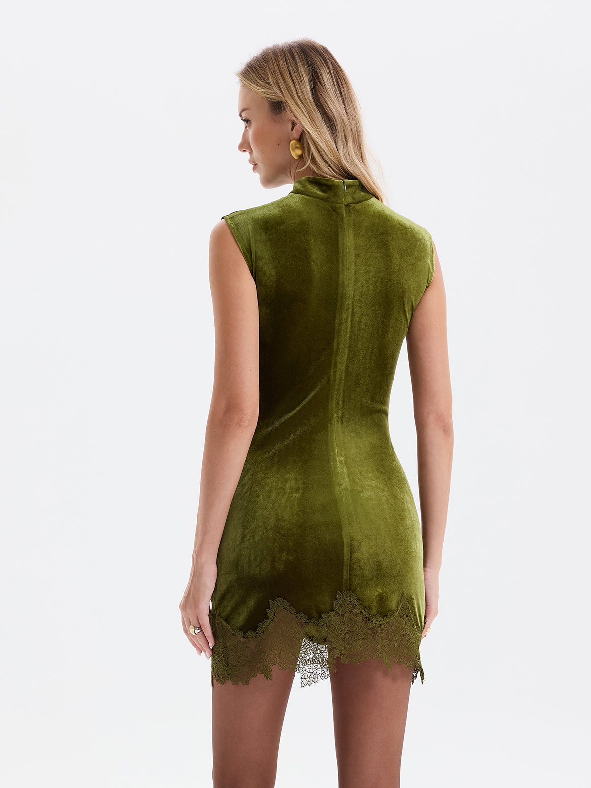 Lace-Trim Ruched Velvet Mini Dress-Chicvia