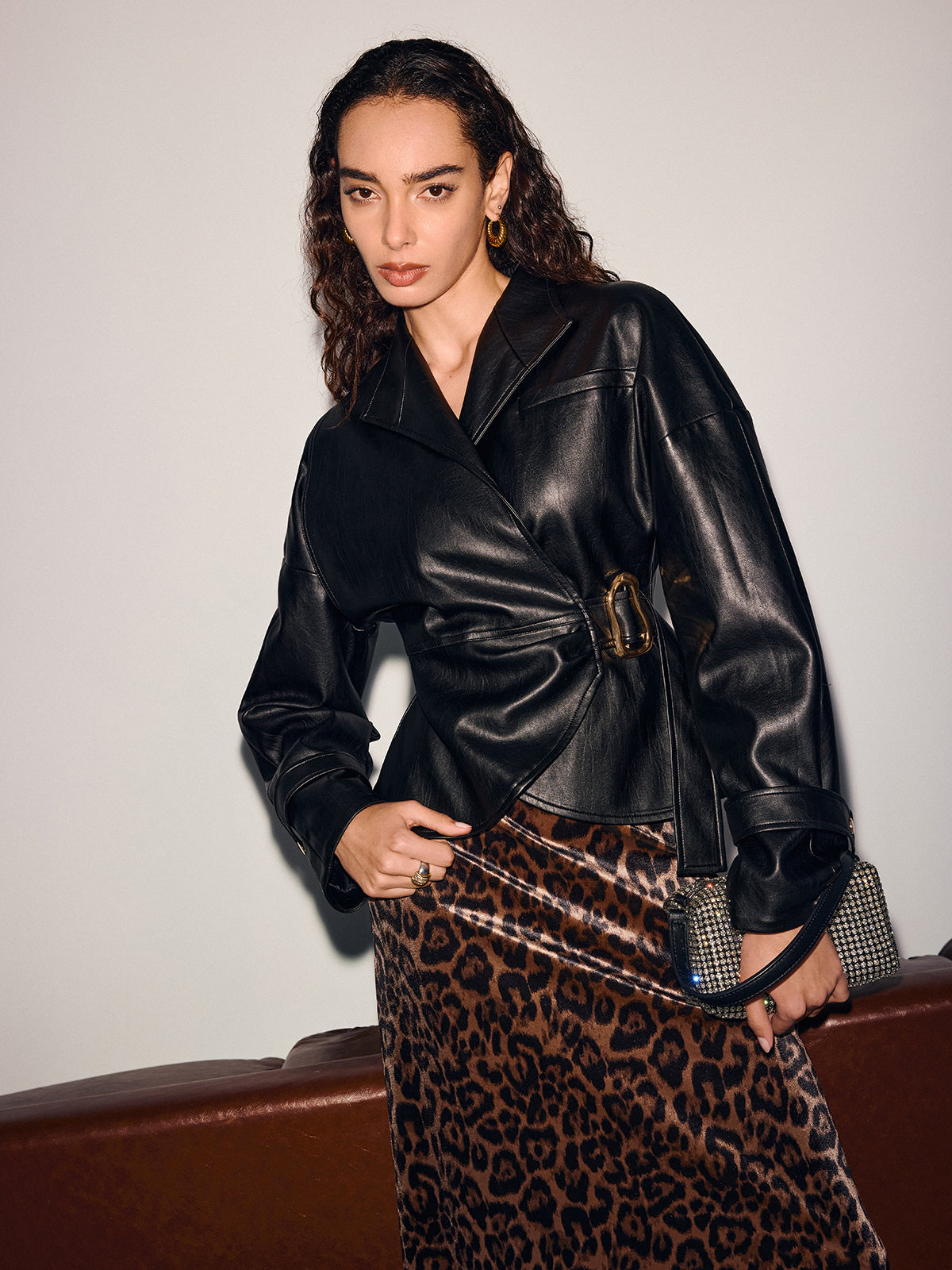 Buckle-Accented Cinched-Waist Faux Leather Jacket-Chicvia