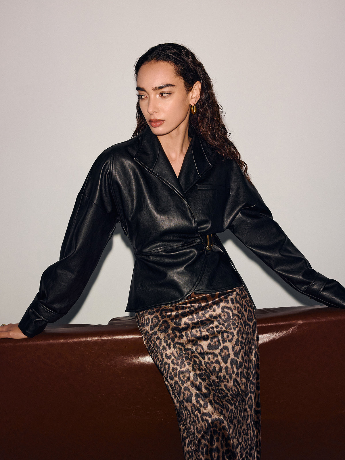 Buckle-Accented Cinched-Waist Faux Leather Jacket-Chicvia