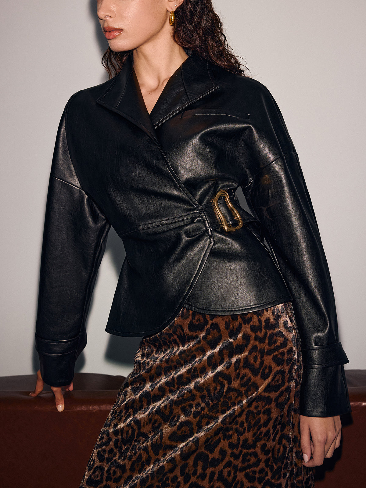 Buckle-Accented Cinched-Waist Faux Leather Jacket-Chicvia