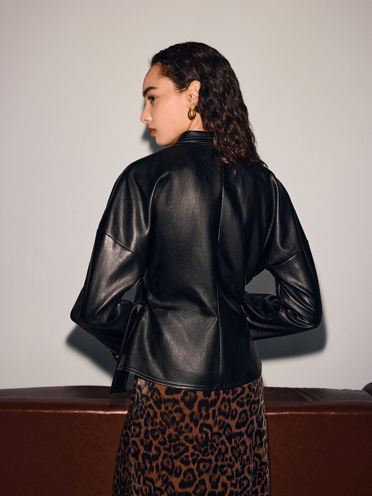 Buckle-Accented Cinched-Waist Faux Leather Jacket-Chicvia