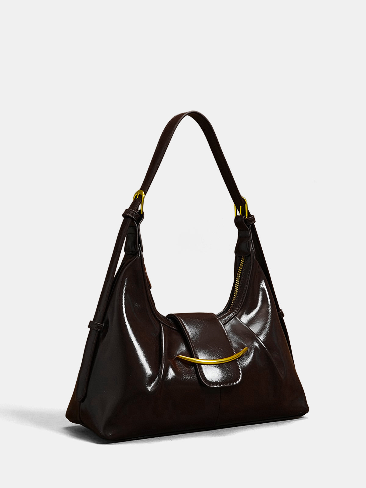 Patent Leather Hobo Bag with Gold Accents-Chicvia