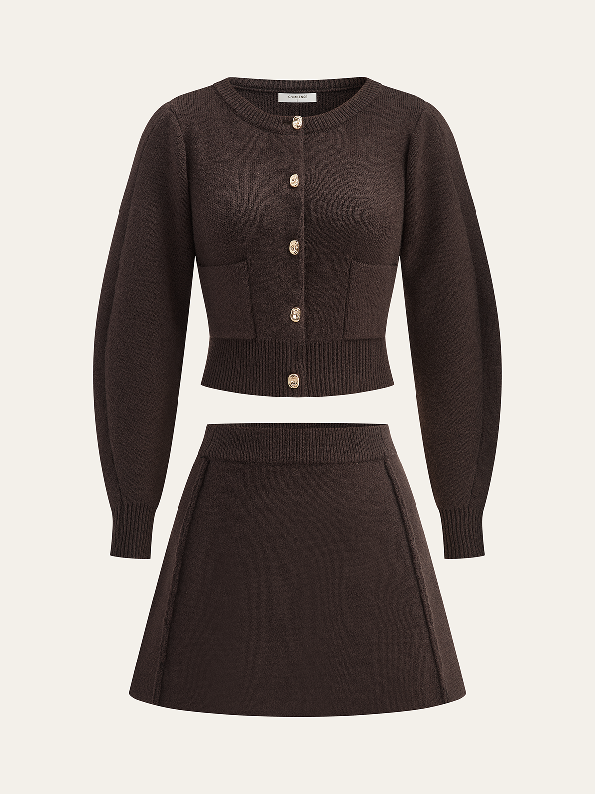 Lamb Sleeve Metal Button Knit Top and Skirt Set-Chicvia