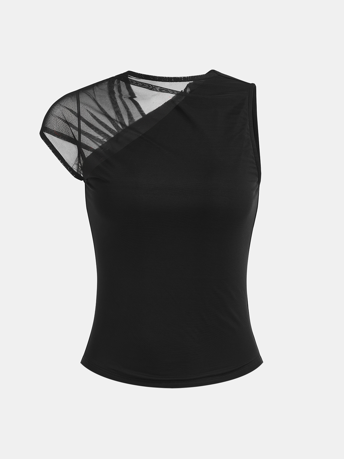 Mesh-Panel Asymmetrical Sleeveless Top-Chicvia