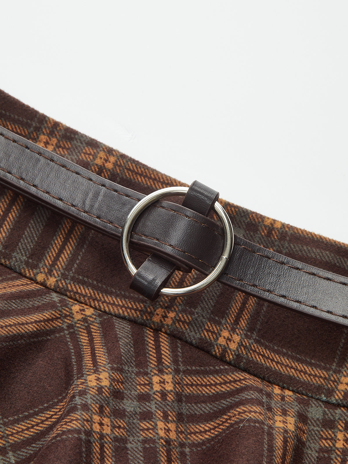 Belted Plaid A-Line Skirt-Chicvia