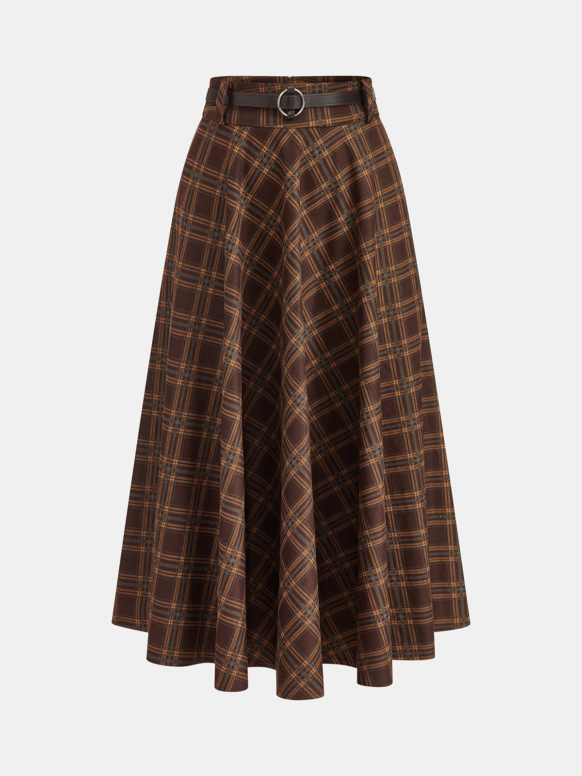 Belted Plaid A-Line Skirt-Chicvia