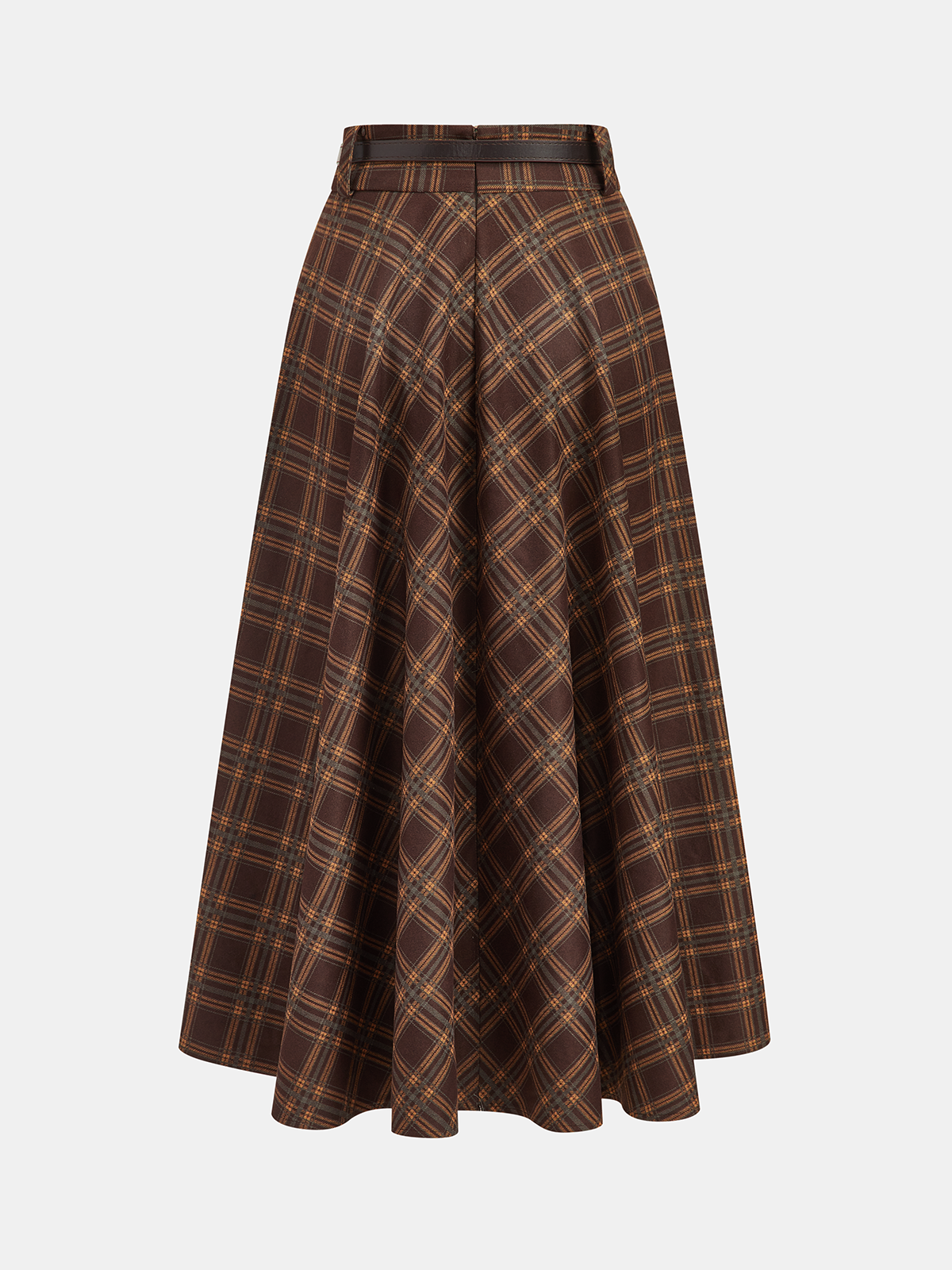 Belted Plaid A-Line Skirt-Chicvia