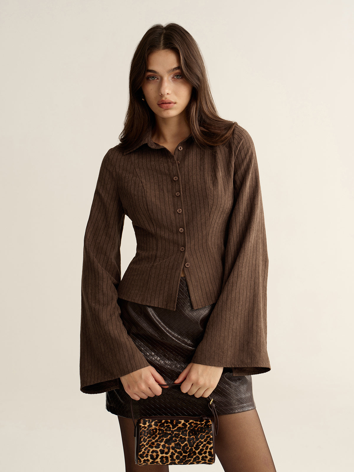 Pinstripe Cropped Fitted Shirt-Chicvia