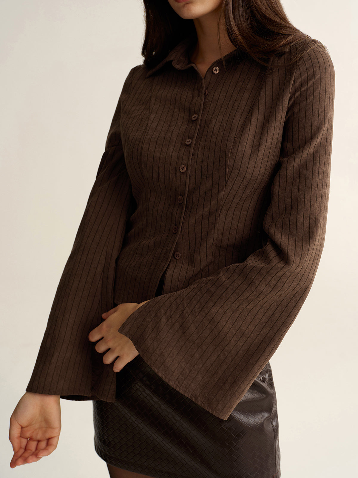 Pinstripe Cropped Fitted Shirt-Chicvia