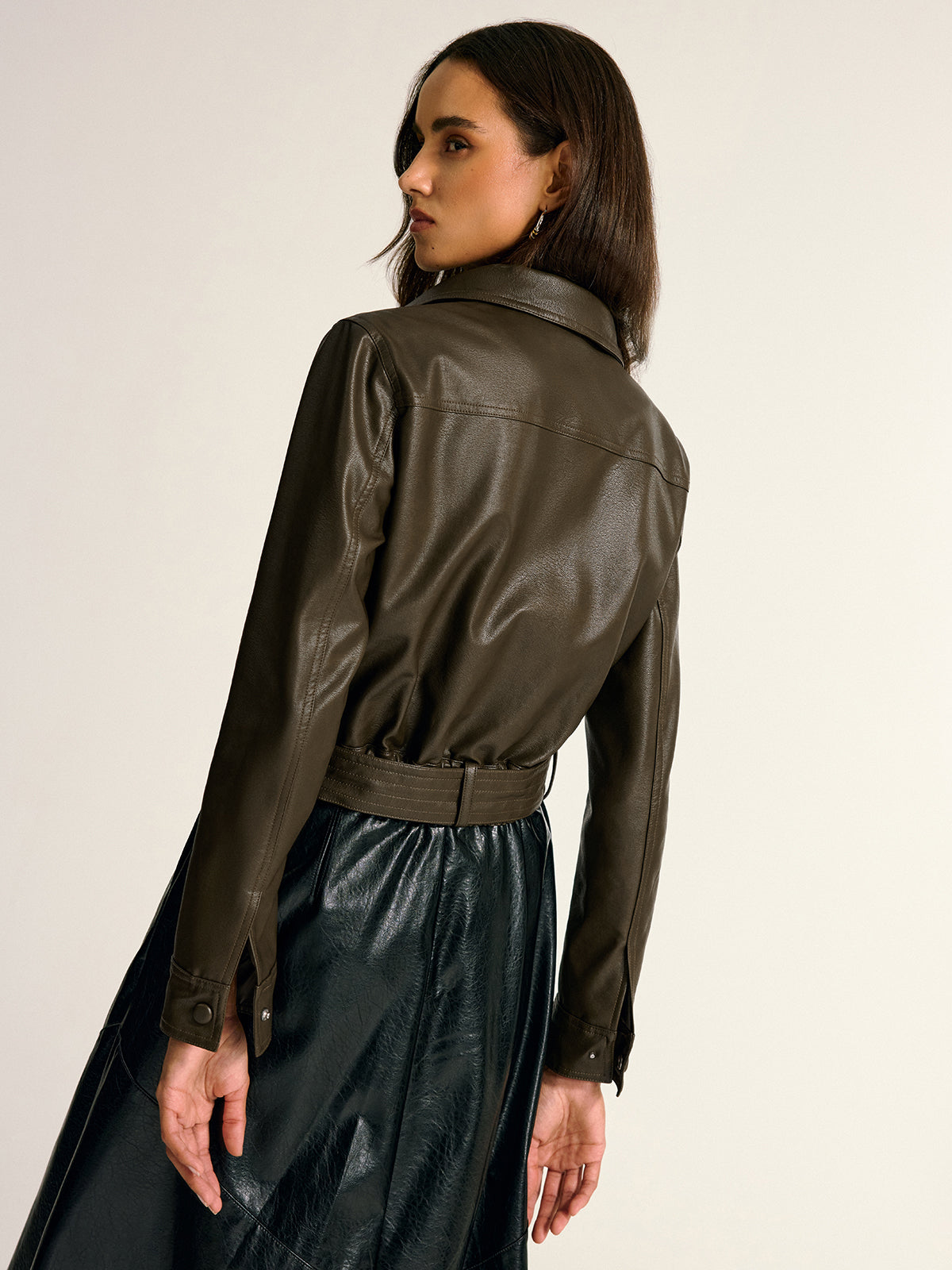 Belted PU Leather Cargo Shirt Jacket-Chicvia