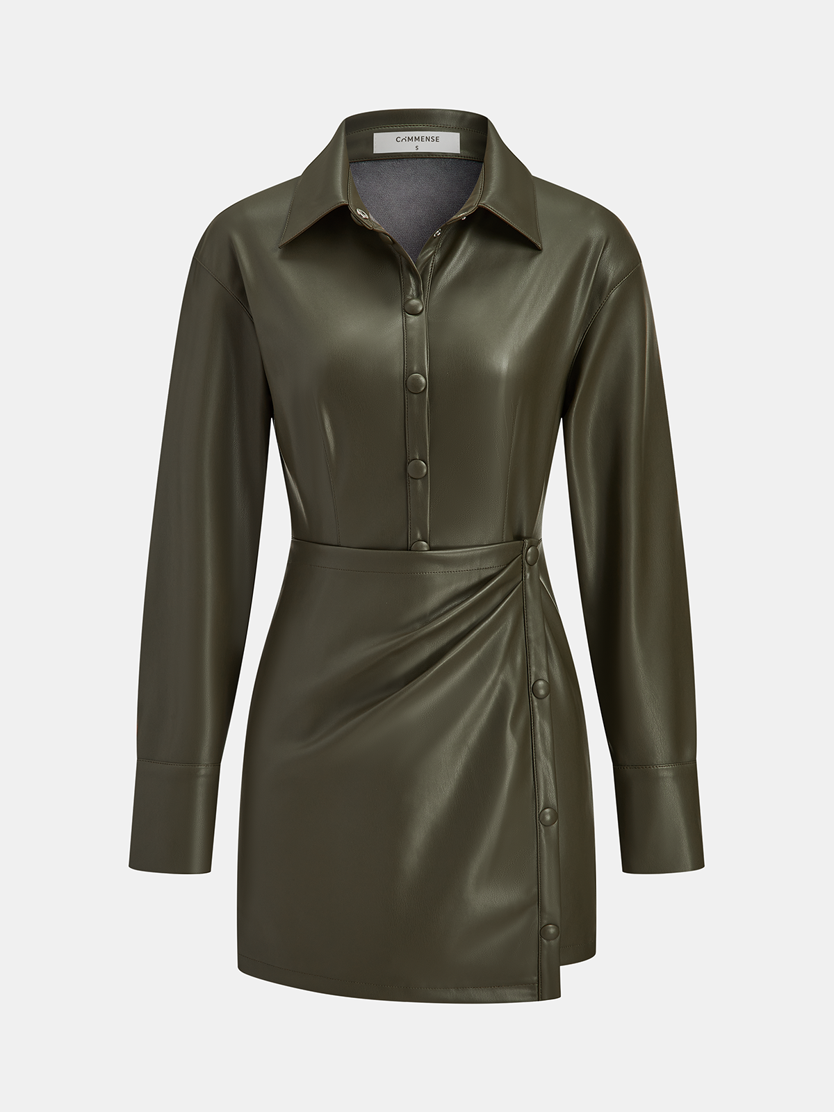 Faux Leather Shirt Dress with Draped Detail-Chicvia