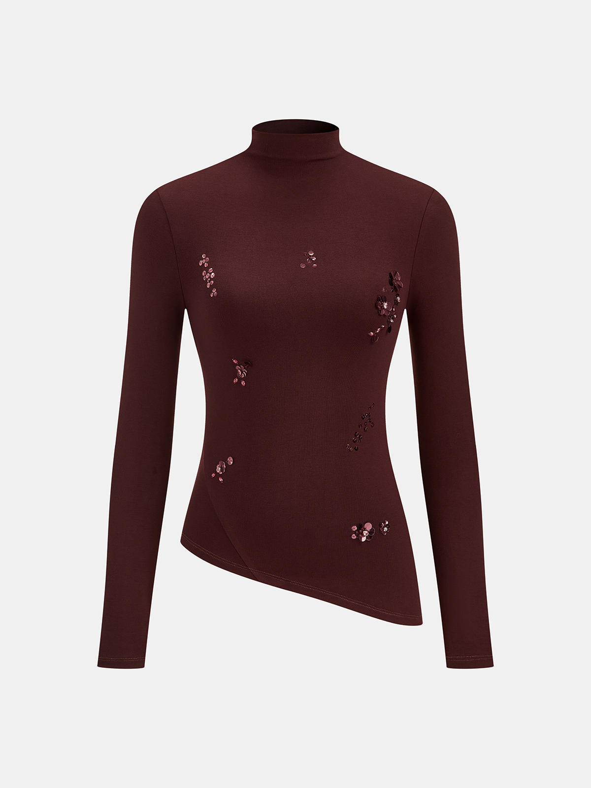 Mock Neck Asymmetric Hem Flower-Sequin Top-Chicvia