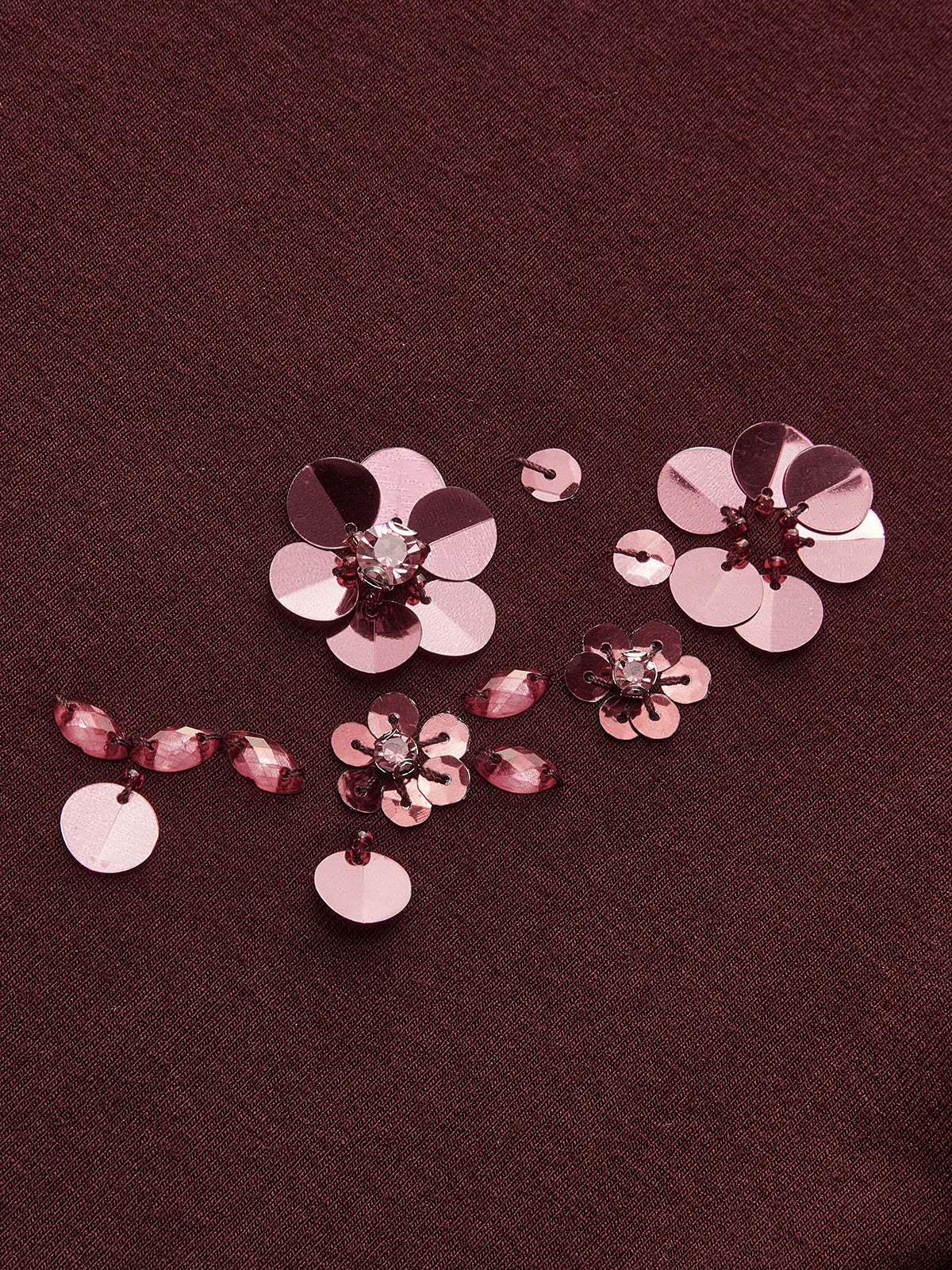 Mock Neck Asymmetric Hem Flower-Sequin Top-Chicvia