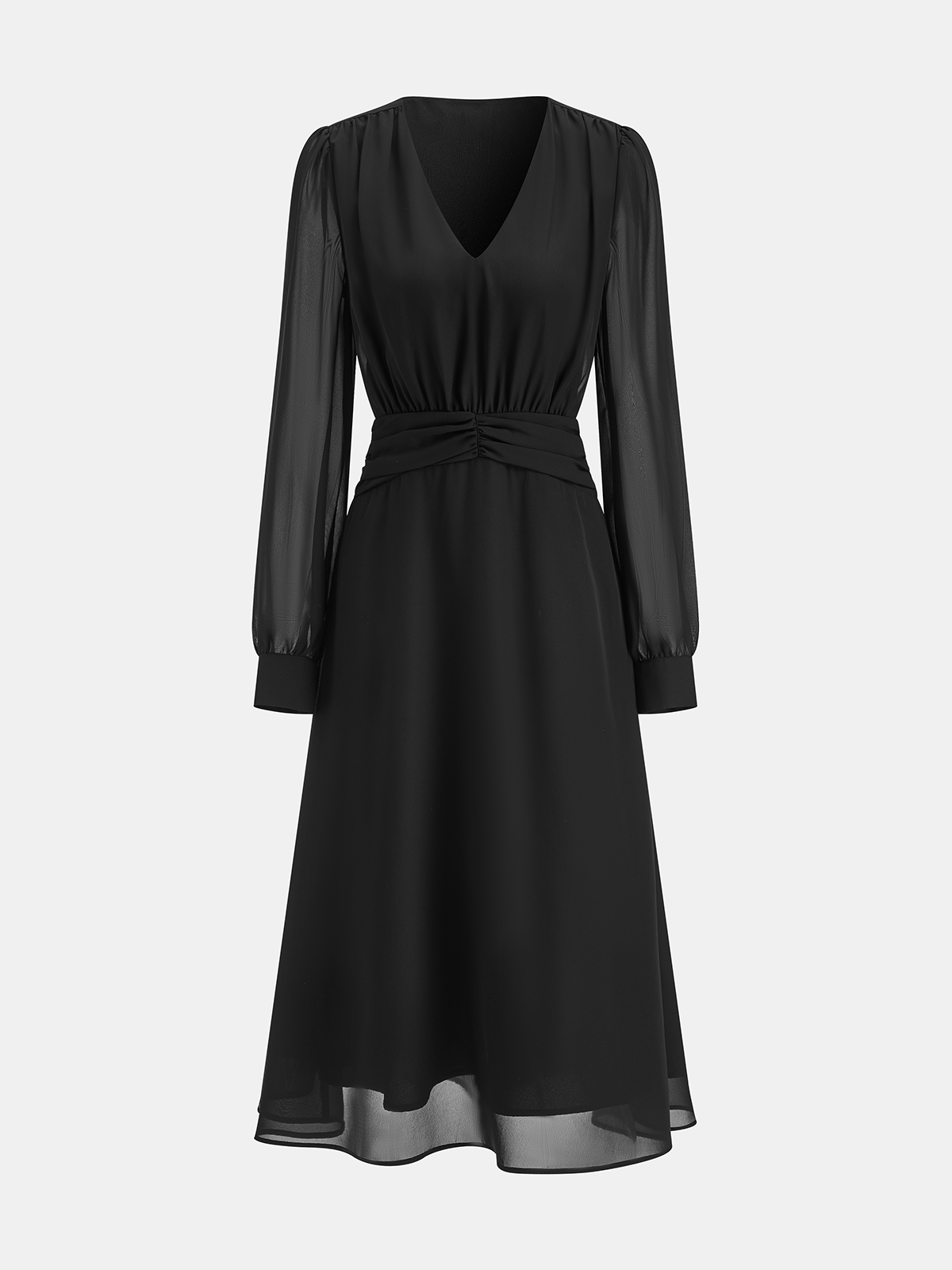 Chiffon Long Sleeve Ruched V-Neck Maxi Dress-Chicvia
