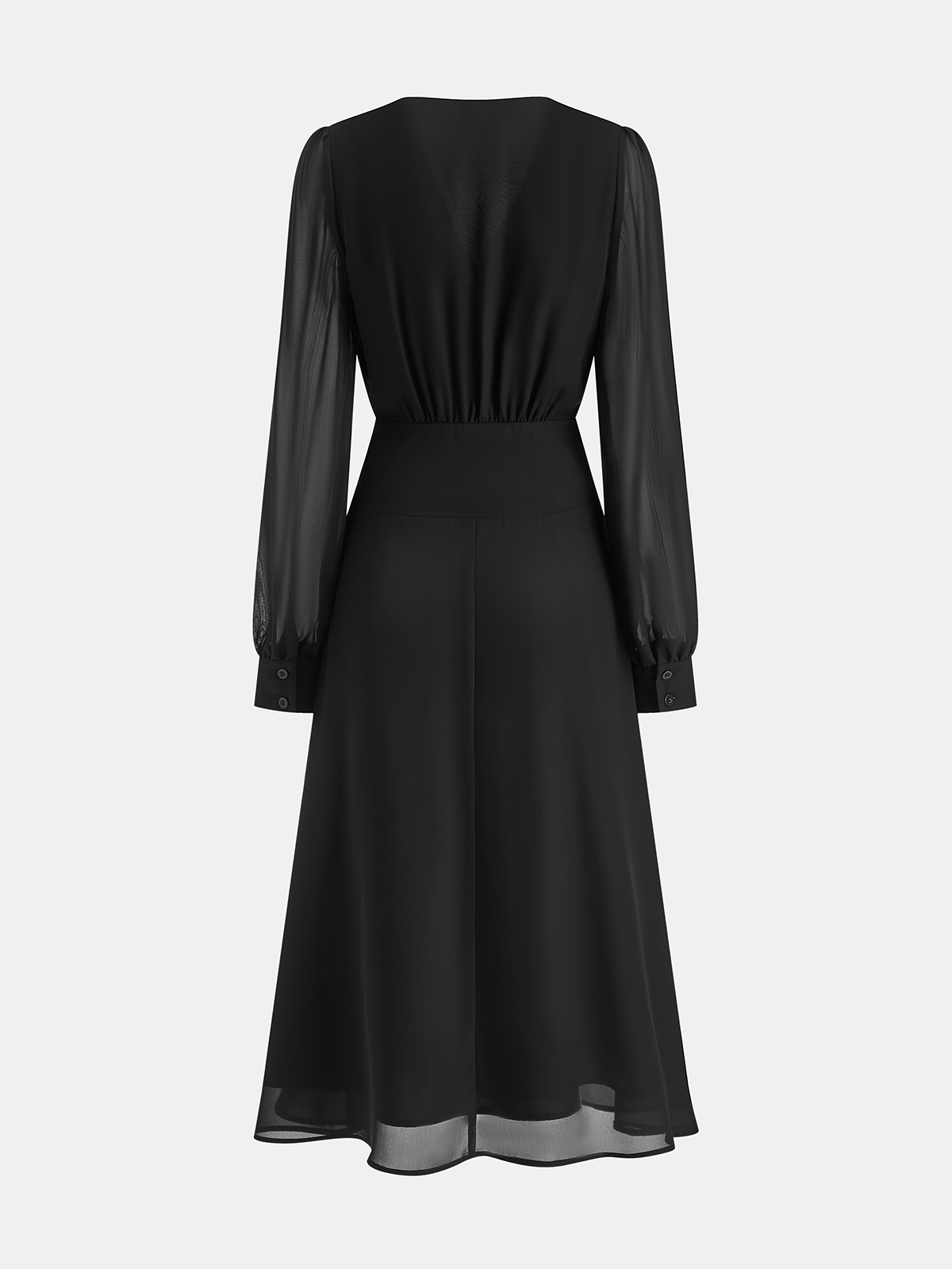 Chiffon Long Sleeve Ruched V-Neck Maxi Dress-Chicvia
