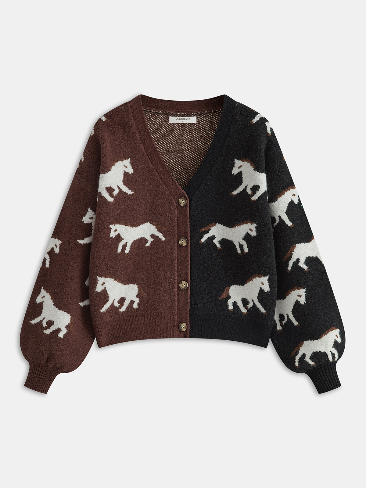 Color-Block Horse-Print Knit Cardigan-Chicvia