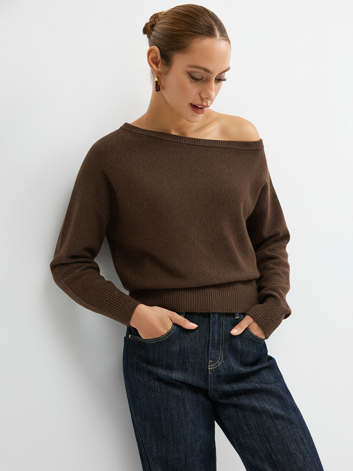 Off-Shoulder Knit Sweater-Chicvia