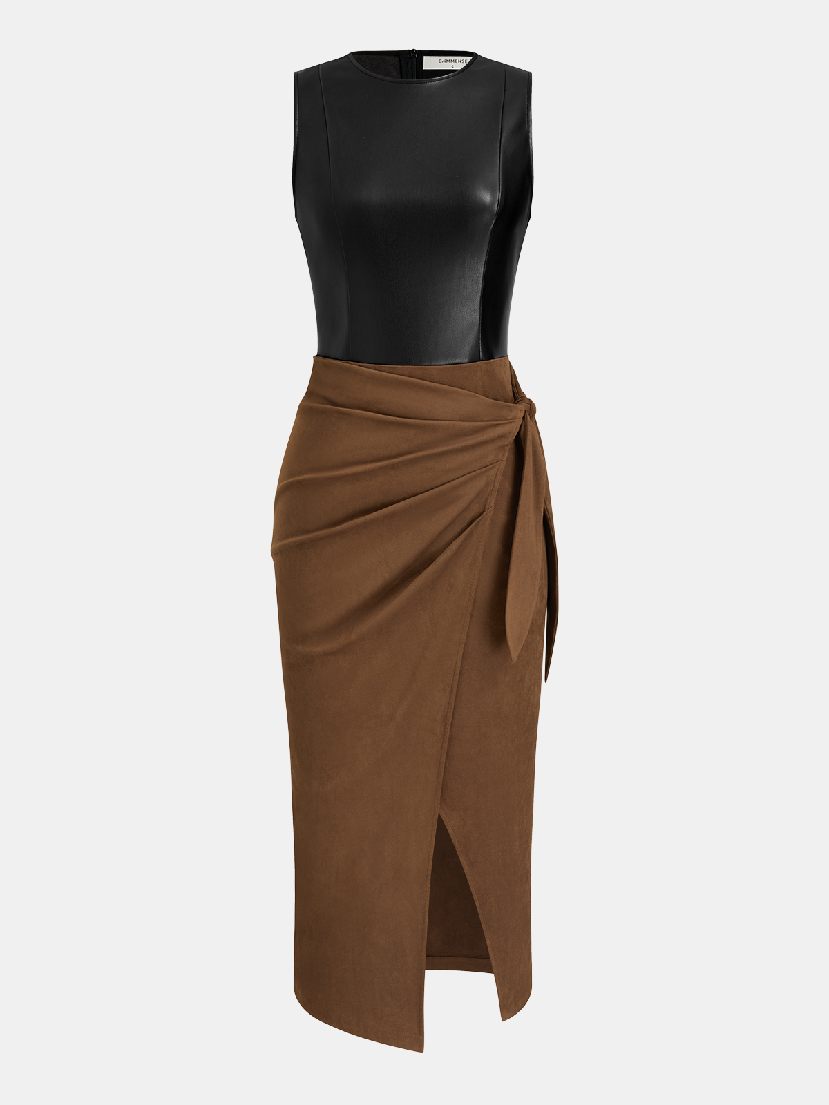Faux Leather-Panel Tie-Waist Slit Dress-Chicvia