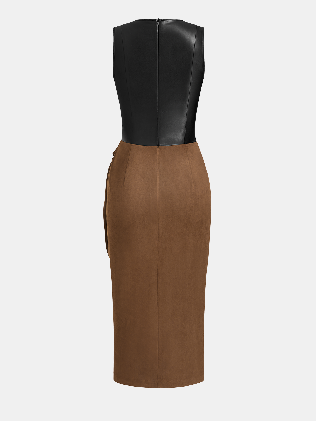 Faux Leather-Panel Tie-Waist Slit Dress-Chicvia