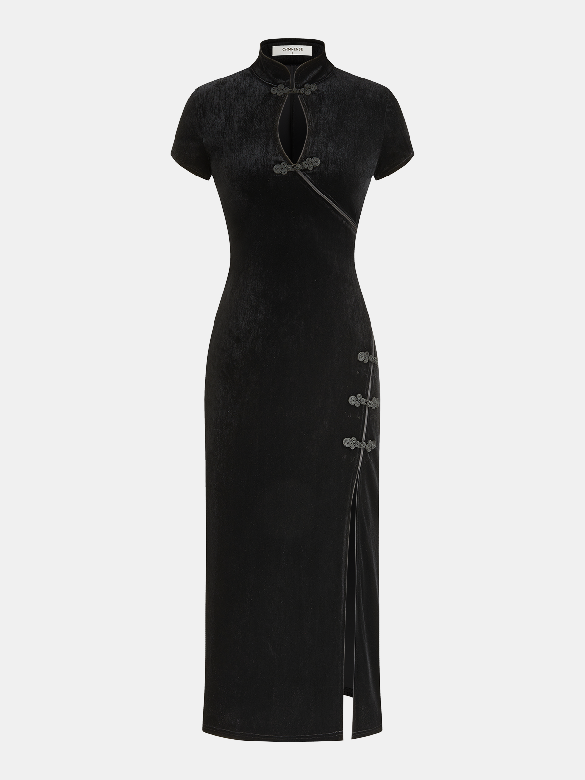 Mandarin Collar Velvet Frog-Closure Slit Dress-Chicvia