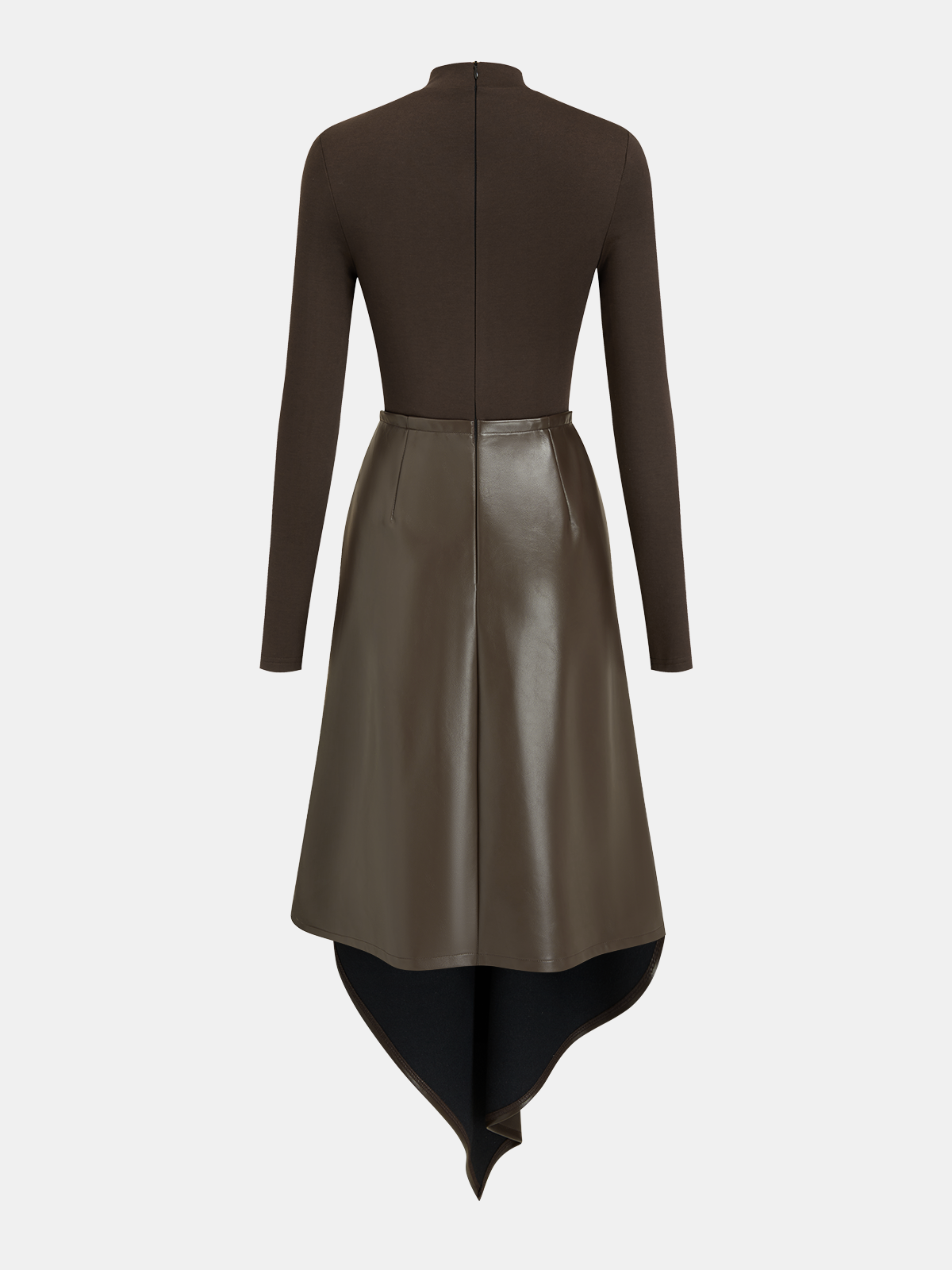 Faux Leather Paneled Knit Asymmetrical Dress-Chicvia