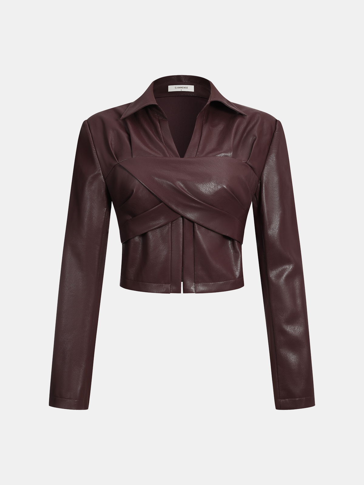 Collared Faux Leather Cropped Cross-Front Top-Chicvia