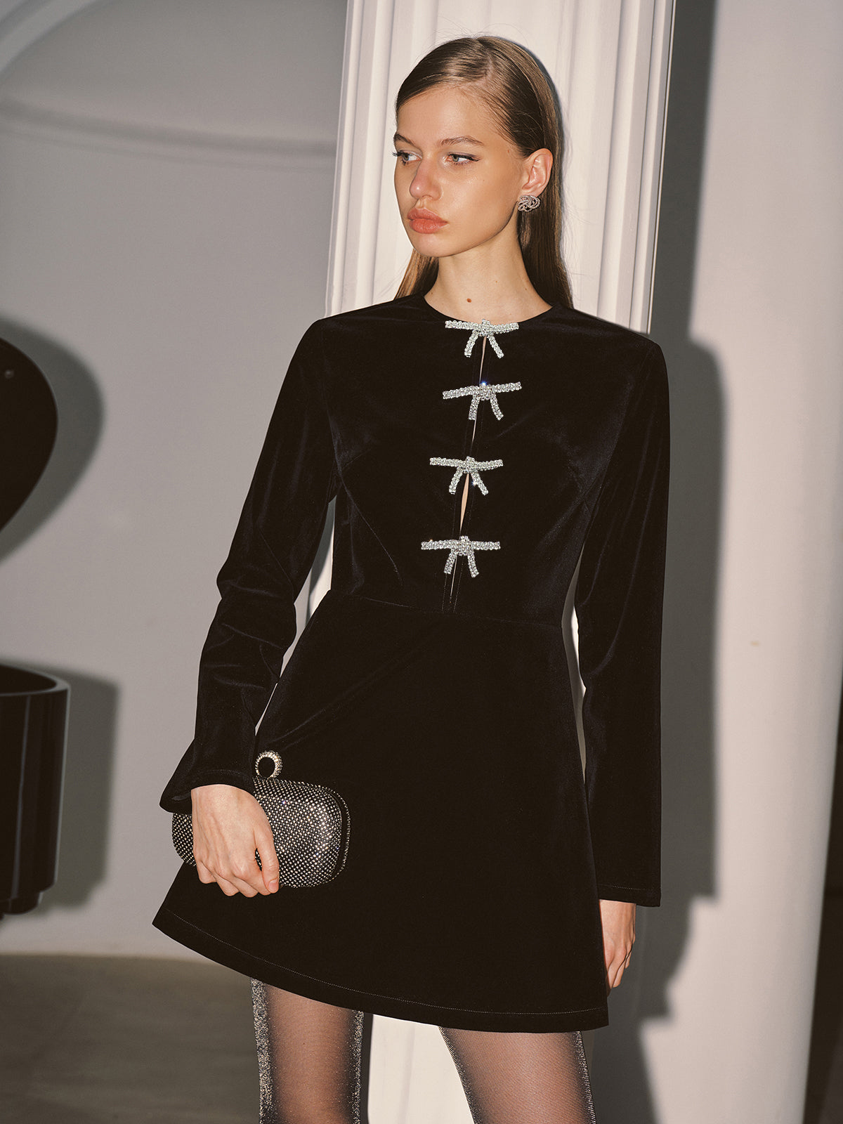 Crystal Bow Detail Velvet Mini Dress-Chicvia