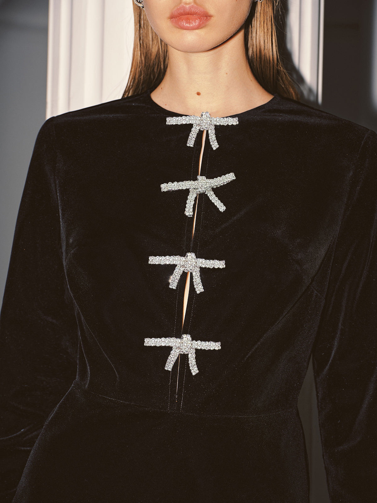 Crystal Bow Detail Velvet Mini Dress-Chicvia