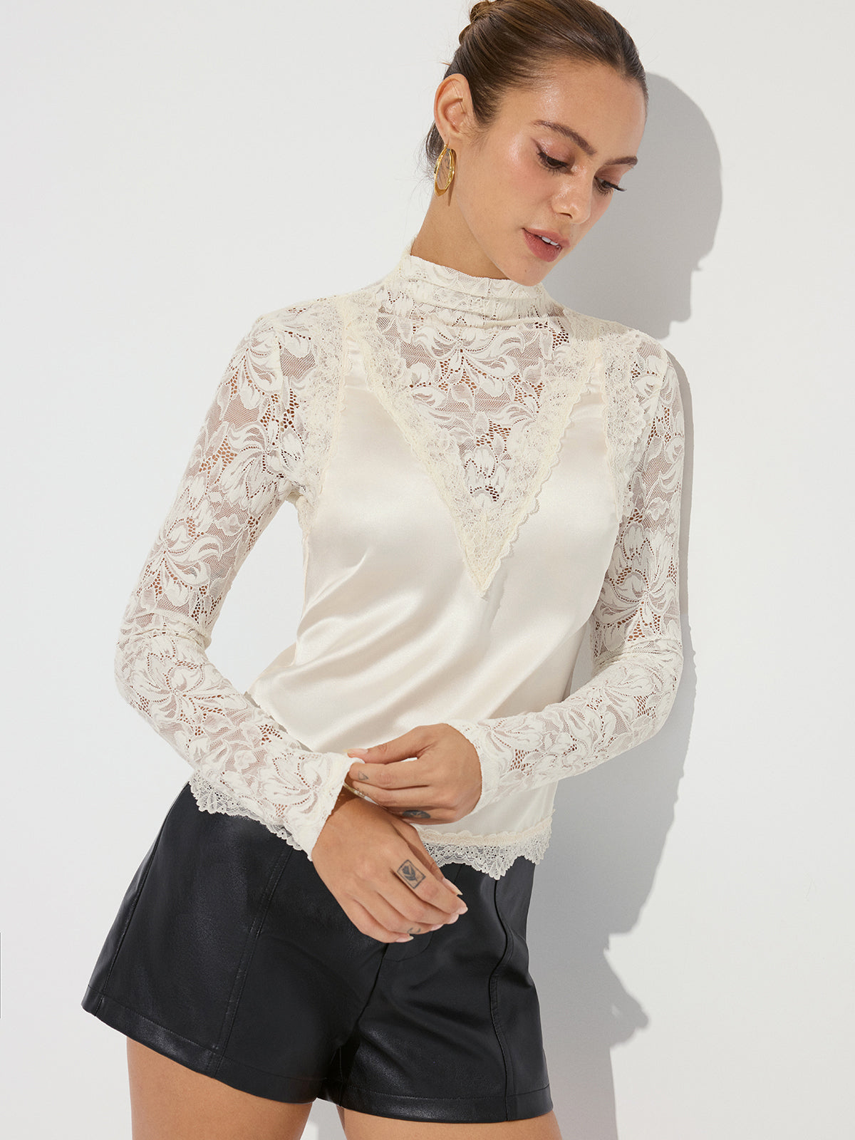 Mock Neck Lace Paneled Satin Blouse-Chicvia