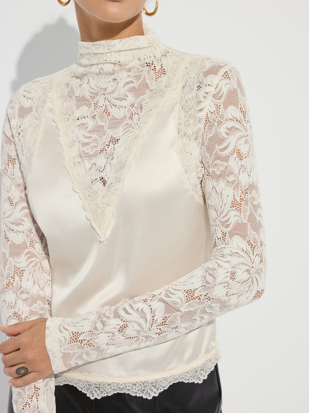 Mock Neck Lace Paneled Satin Blouse-Chicvia