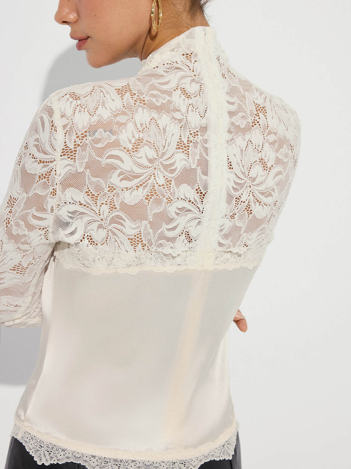 Mock Neck Lace Paneled Satin Blouse-Chicvia