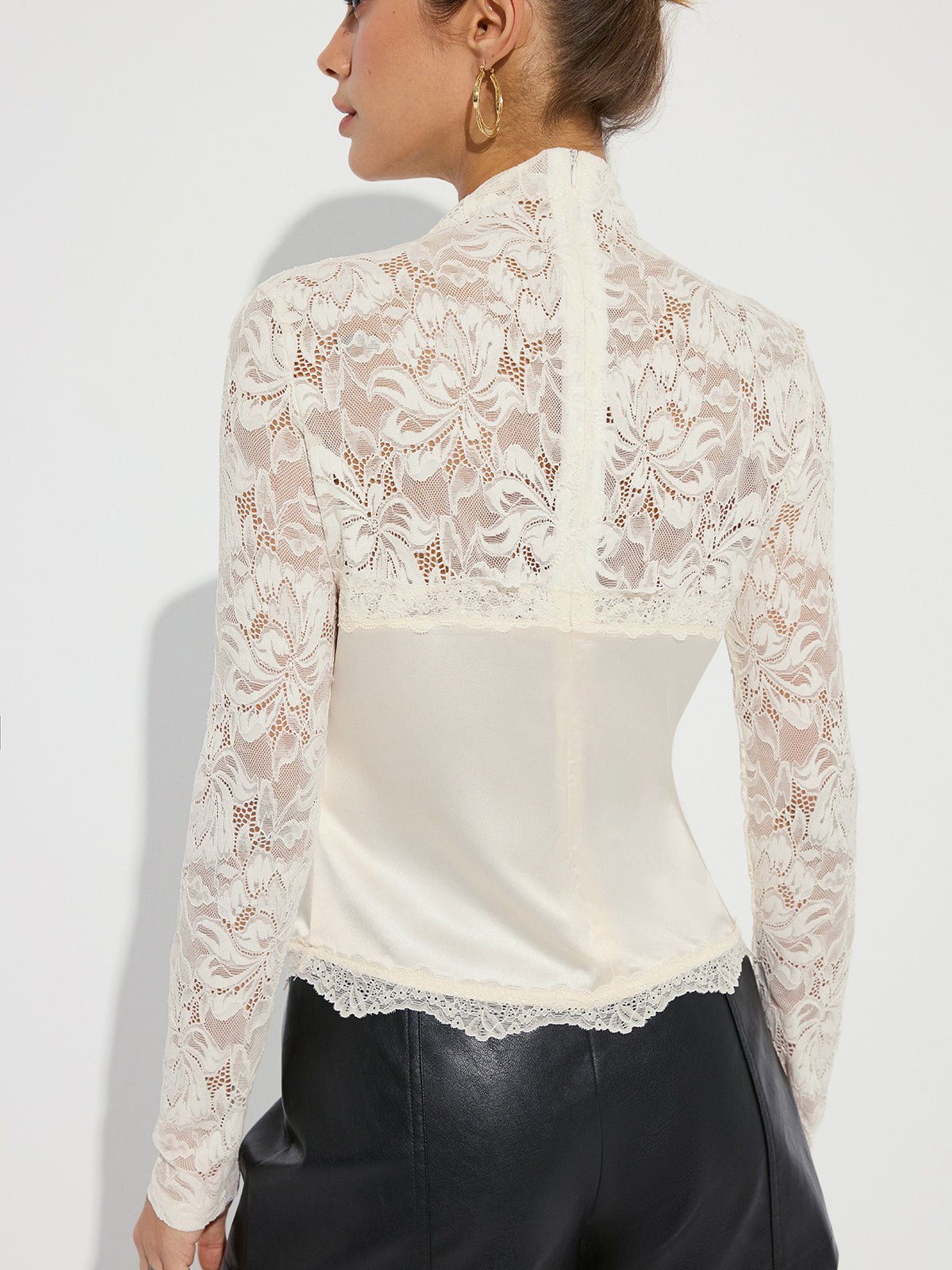 Mock Neck Lace Paneled Satin Blouse-Chicvia