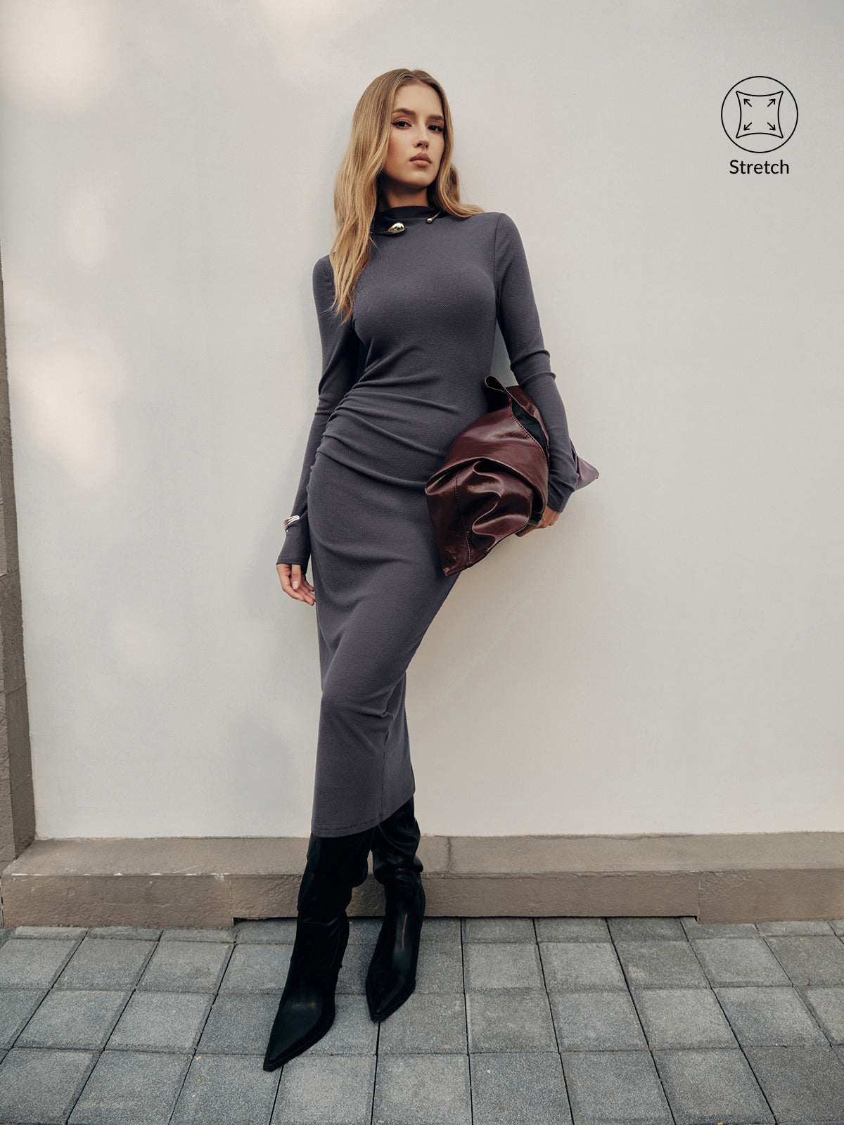 Long Sleeve Ribbed Ruched Maxi Dress-Chicvia