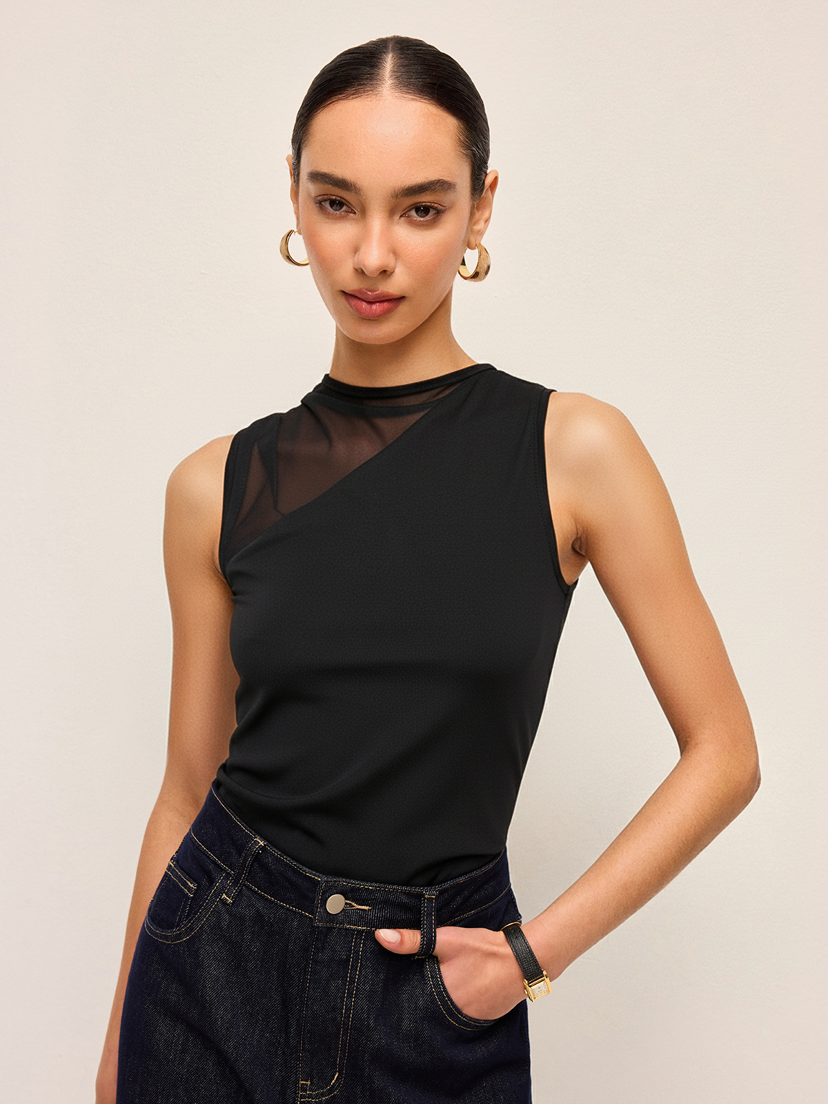 Mesh-Panel Asymmetrical Sleeveless Top-Chicvia
