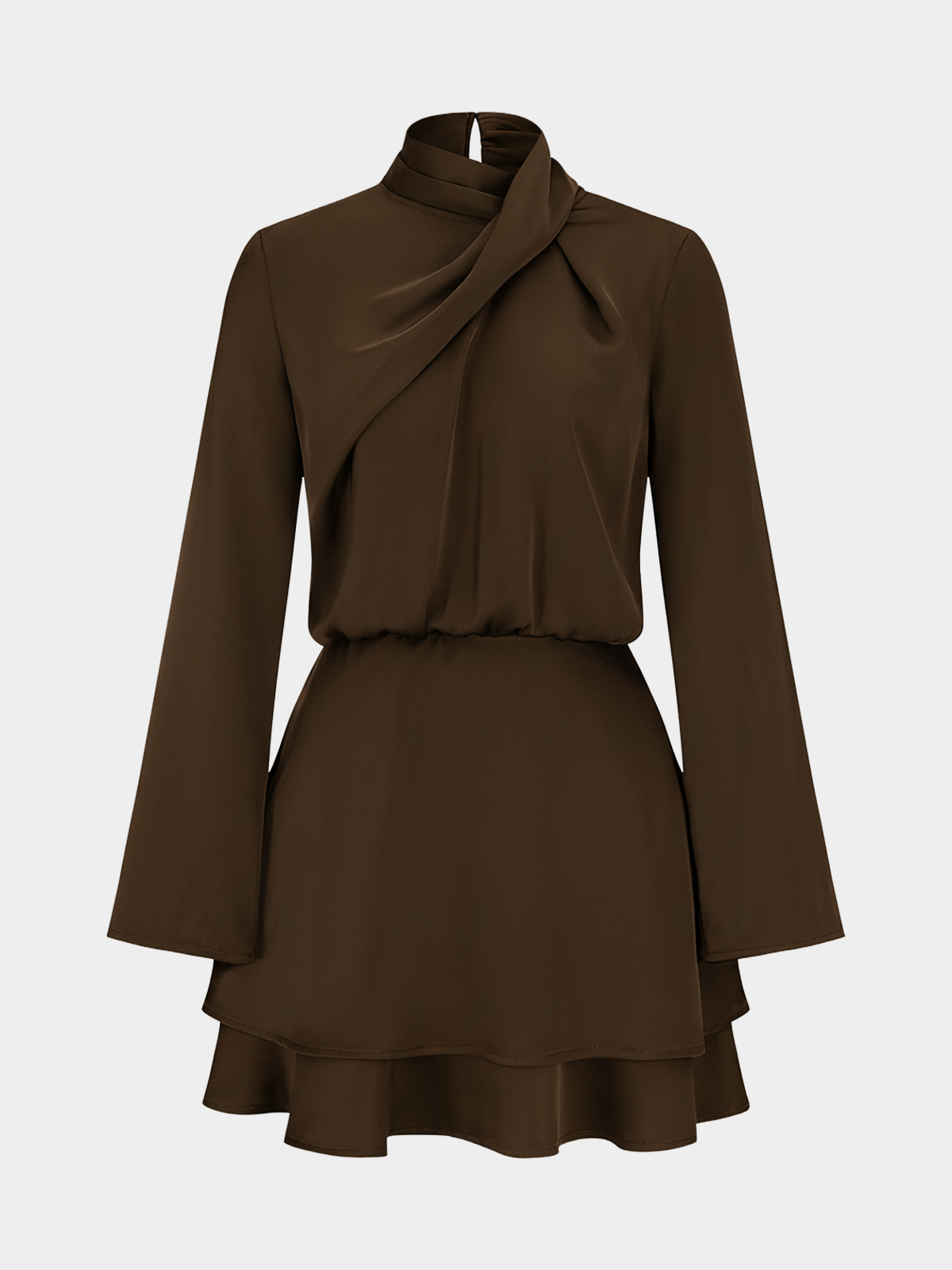 Long Sleeve Cross Neck Satin Tiered Mini Dress-Chicvia