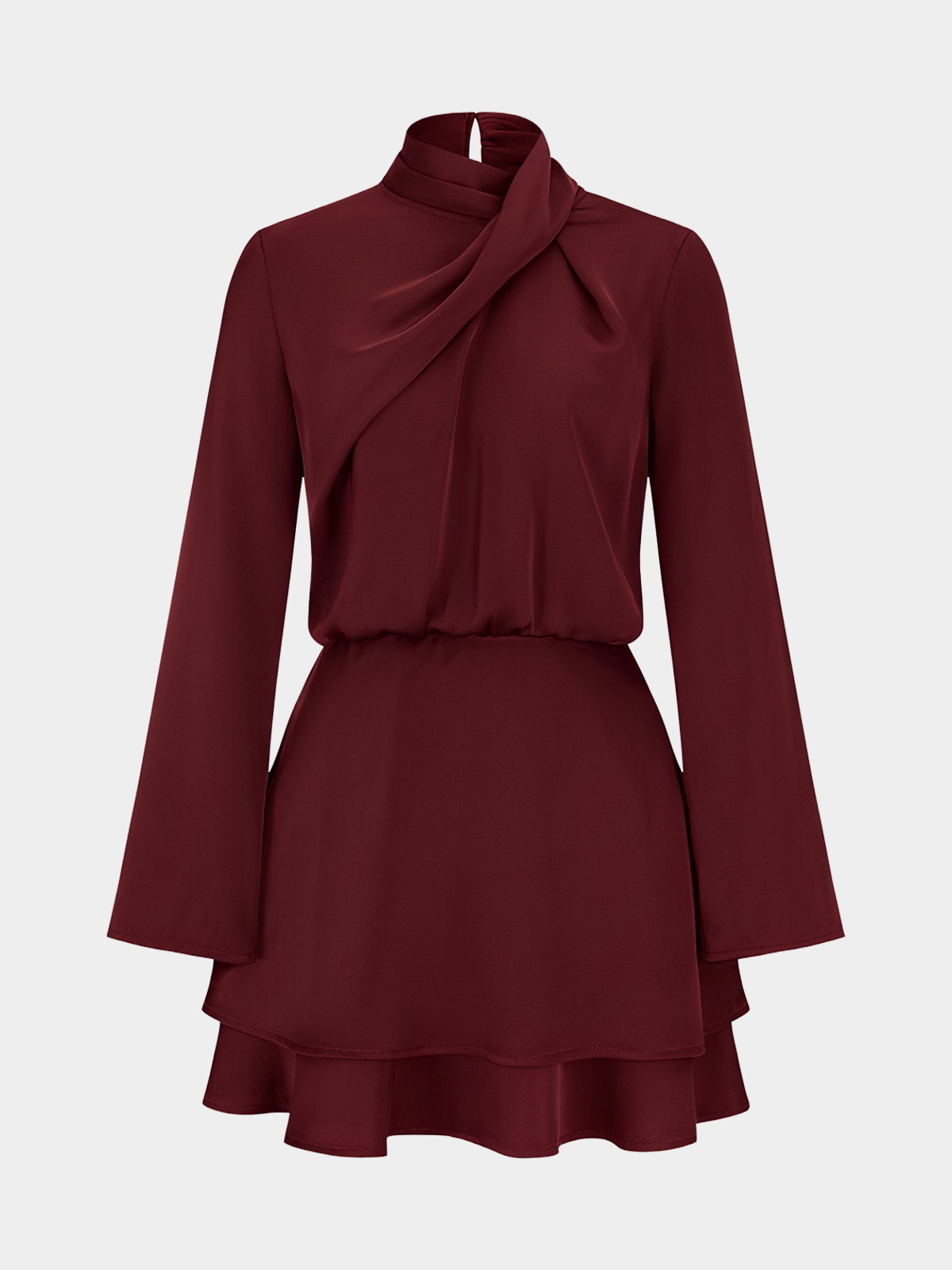 Long Sleeve Cross Neck Satin Tiered Mini Dress-Chicvia