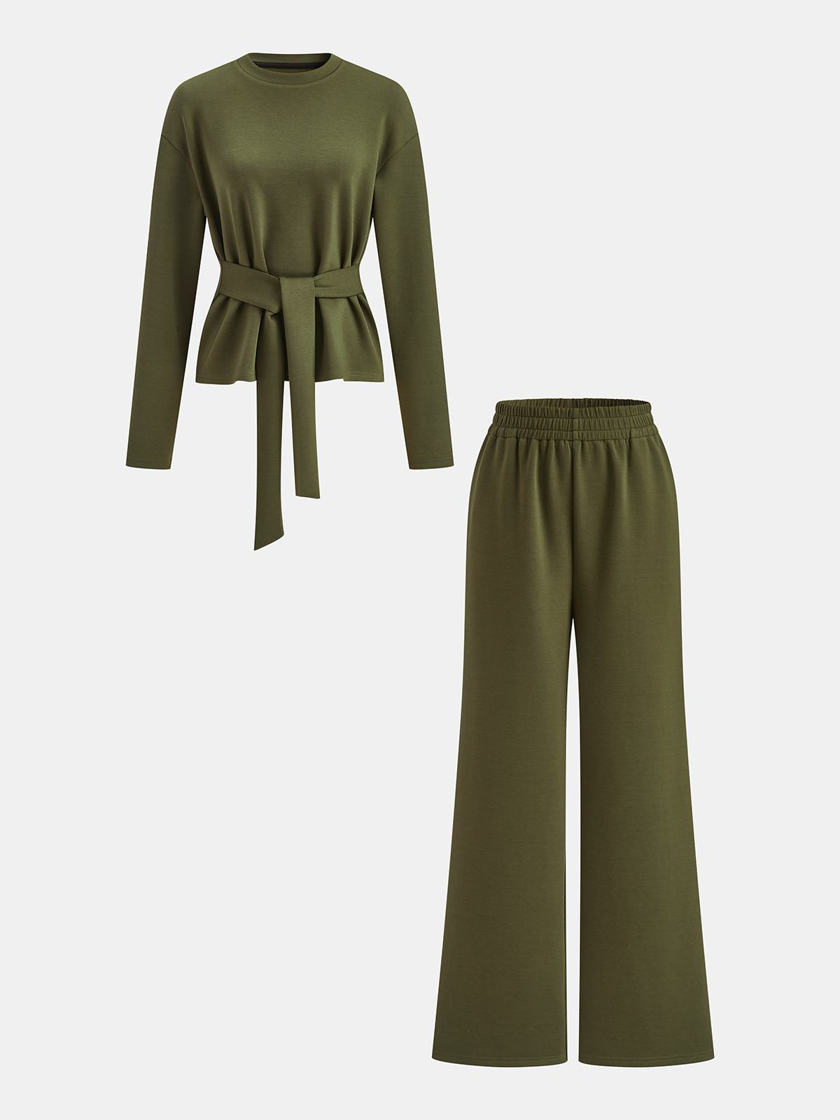 Belted Peplum Top & Wide-Leg Pants Set-Chicvia