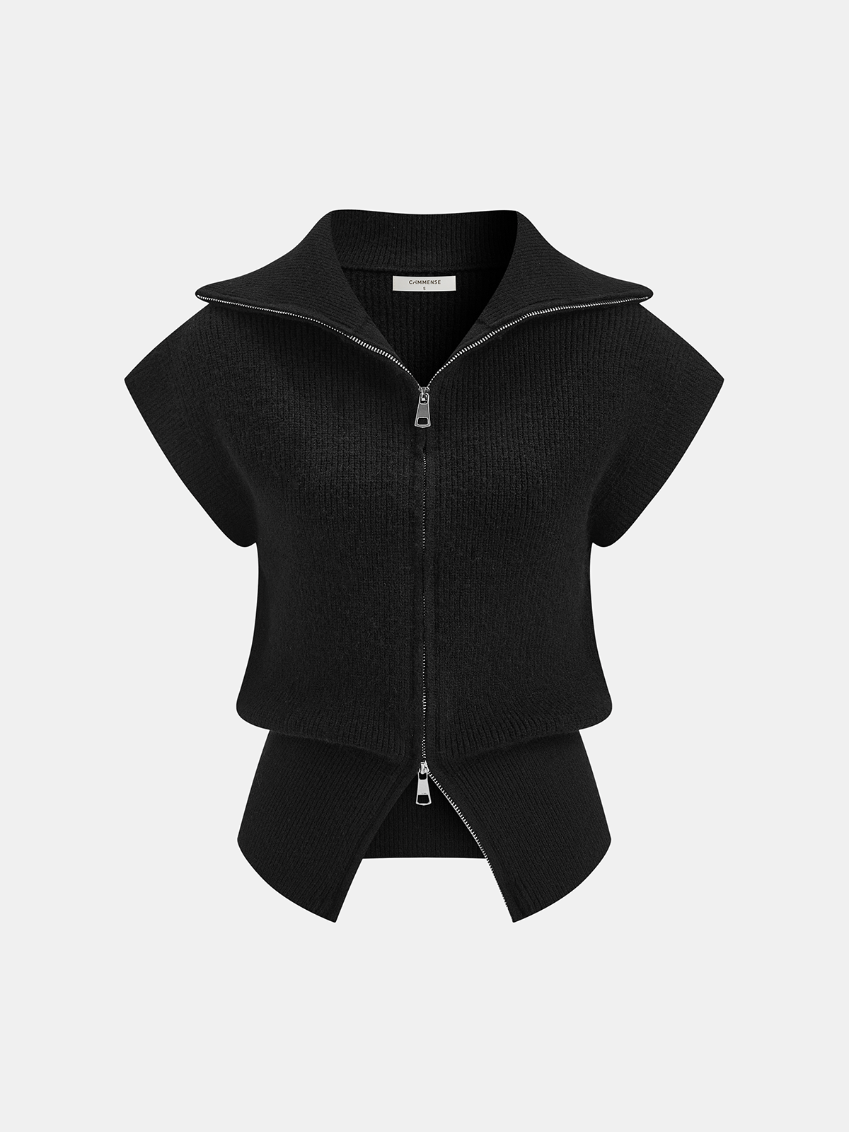 Double-Zip Ribbed Cap Sleeve Vest-Chicvia