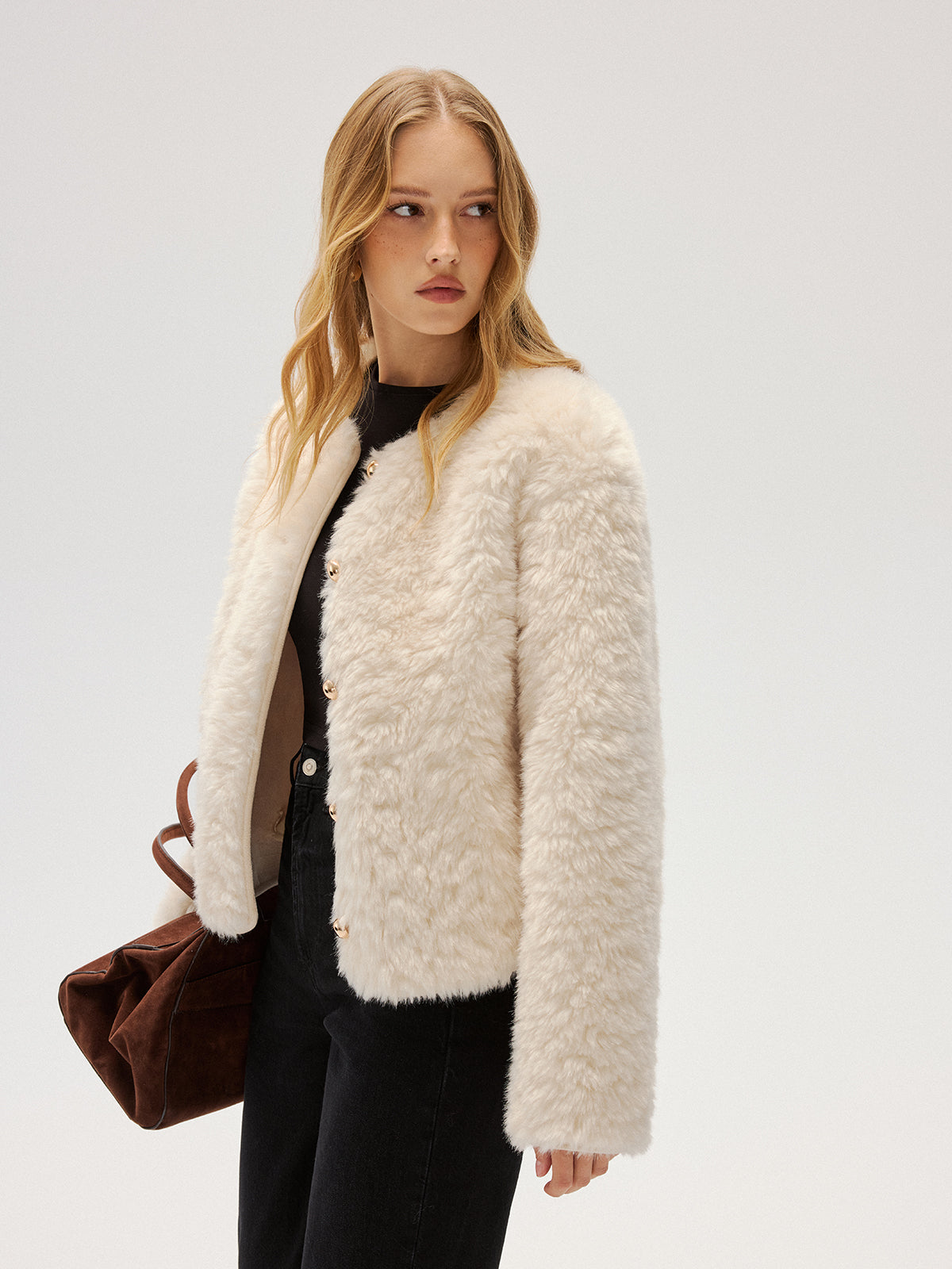 Metal Button Faux Fur Coat-Chicvia