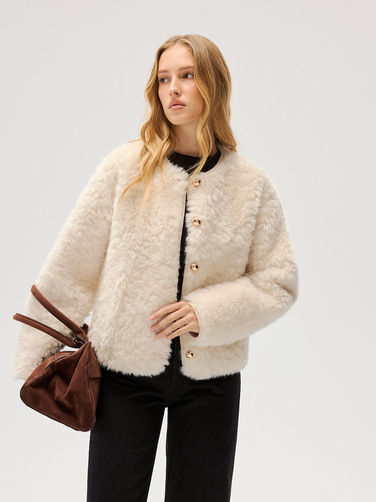 Metal Button Faux Fur Coat-Chicvia