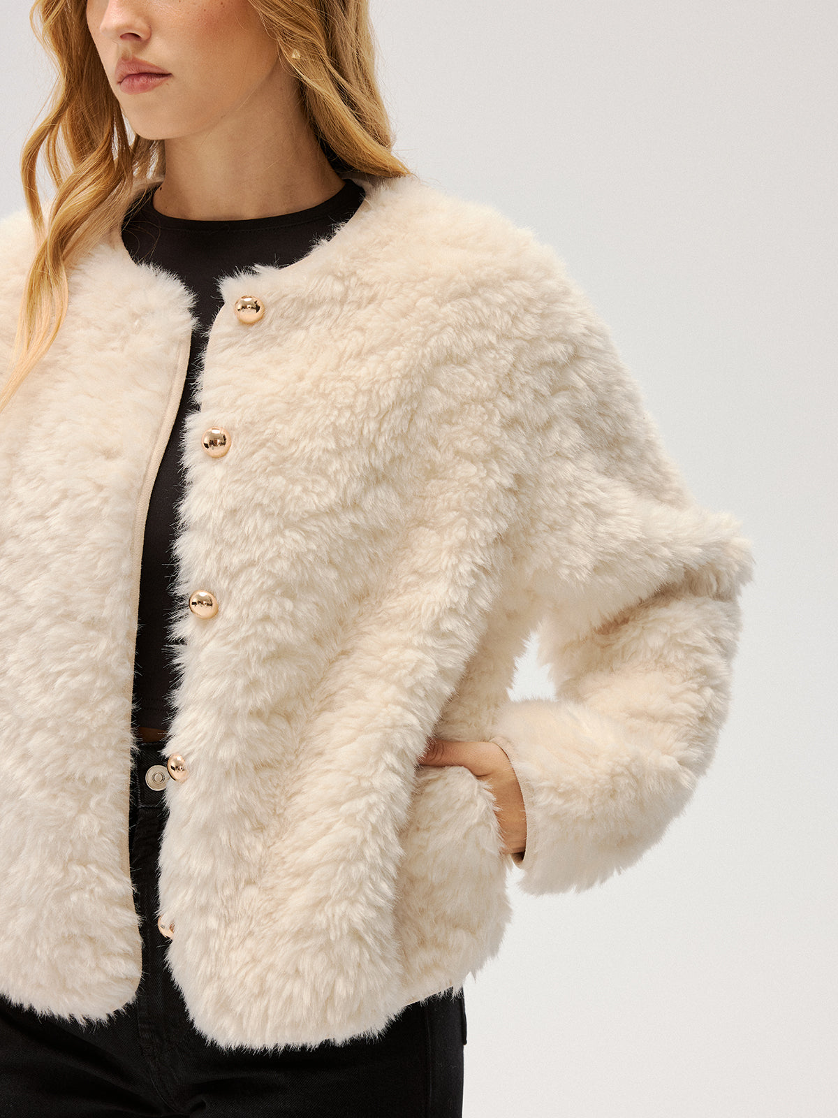 Metal Button Faux Fur Coat-Chicvia