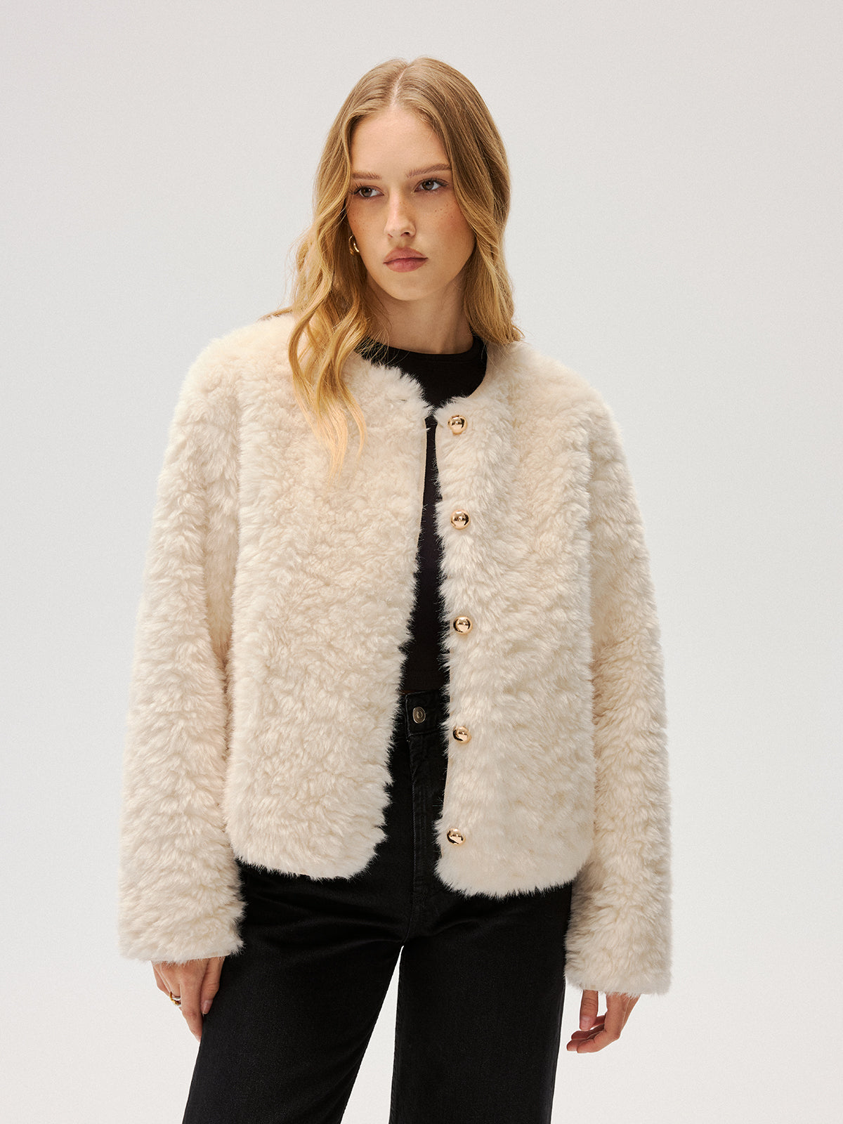 Metal Button Faux Fur Coat-Chicvia