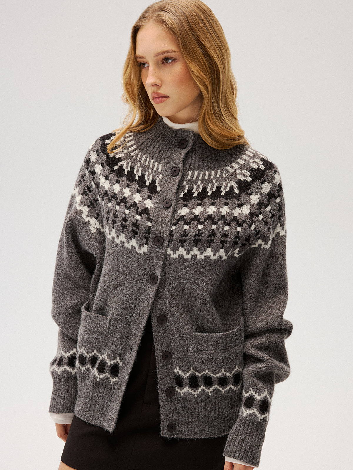Loose Fair Isle Knit Button Front Cardigan-Chicvia