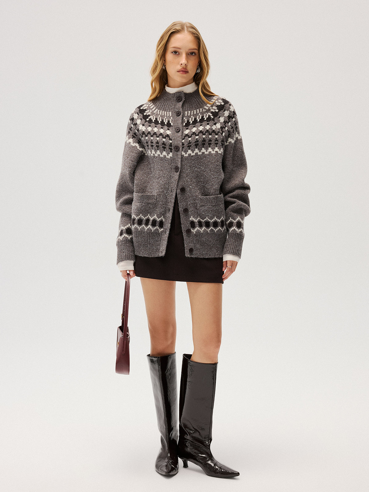 Loose Fair Isle Knit Button Front Cardigan-Chicvia