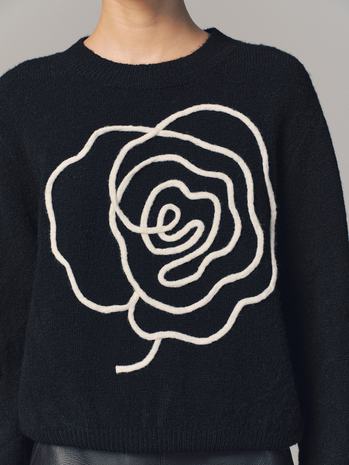 Floral Applique Crew Neck Sweater-Chicvia