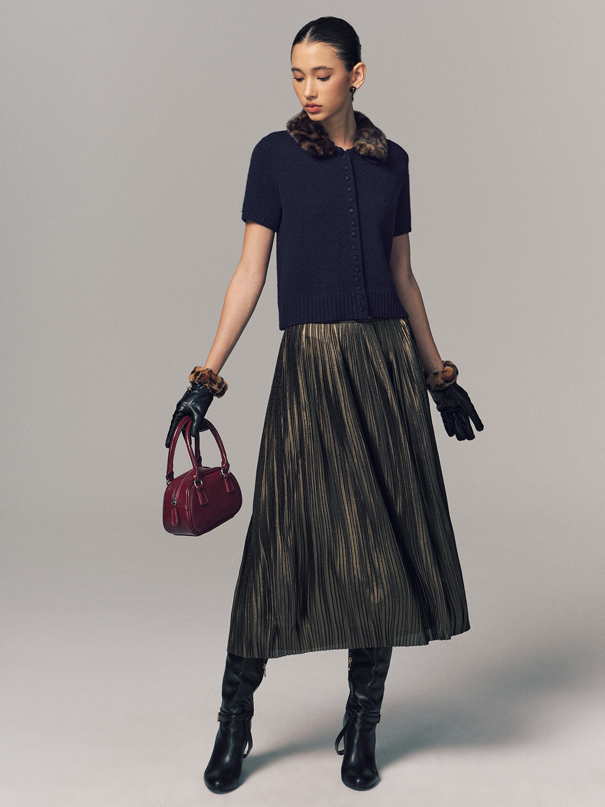 Leopard Faux Fur Collar Short-Sleeve Cardigan-Chicvia